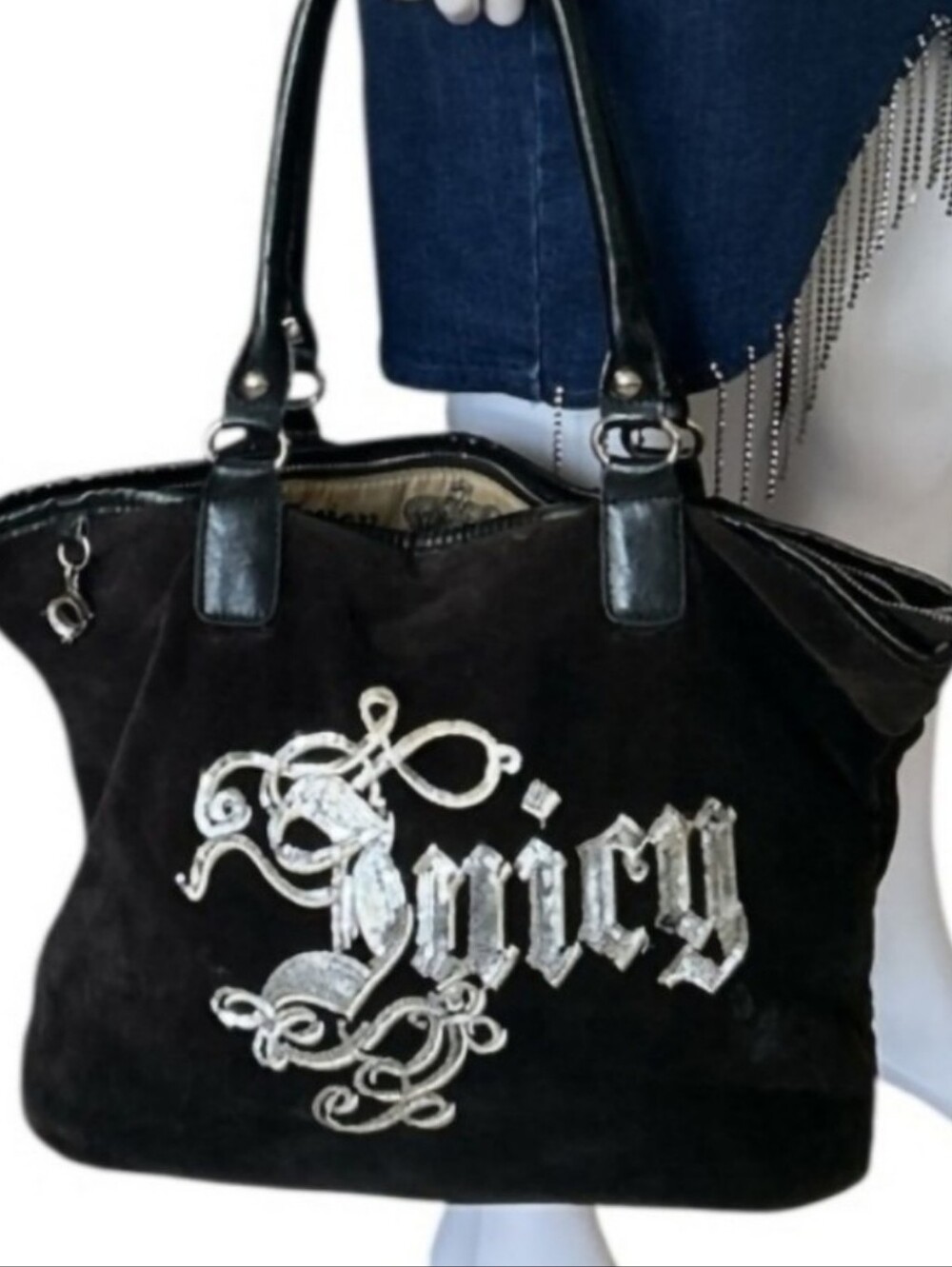Rare Juicy Couture Y2k Black Velour Tote with Silver Embellished Logo